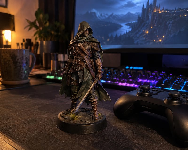 A hand-painted hooded warrior figurine of a game character beside a game controller