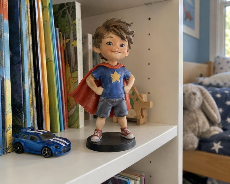 A hand-painted figurine of a young boy in a superhero cape on a bookshelf