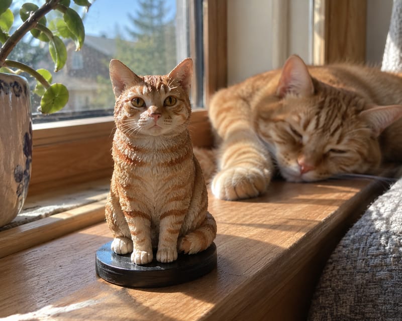 A hand-painted custom cat figurine on a sunny windowsill beside the real cat